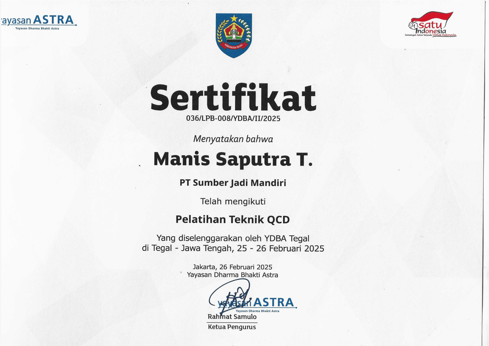 Sertifikat PT. Sumber Jadi Mandiri